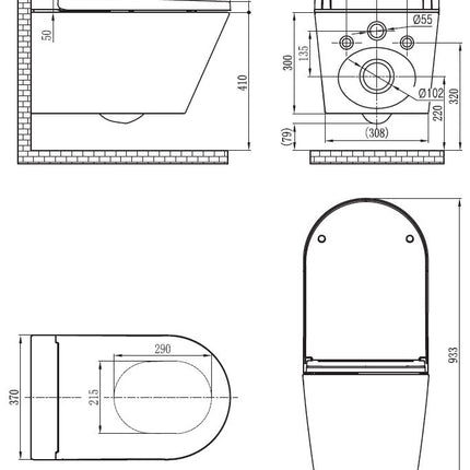 Wiesbaden Vesta Comfort Rimless douche-wc glans wit - technische tekening | Schwertz & Co