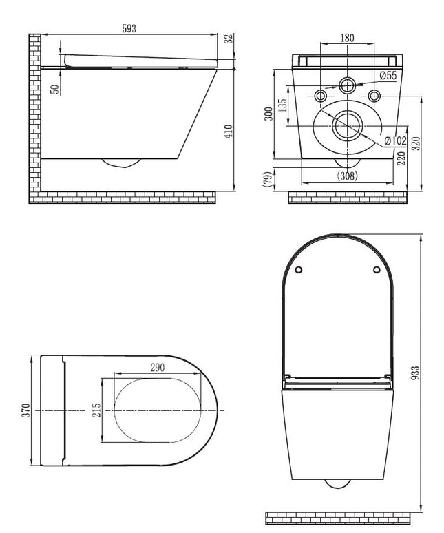 Wiesbaden Vesta Comfort Rimless douche-wc glans wit - technische tekening | Schwertz & Co