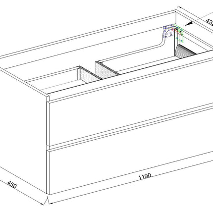 Wiesbaden Marmaris onderkast 120 x 45 cm mat zwart met 1 uitsparing - technische tekening | Schwertz & Co