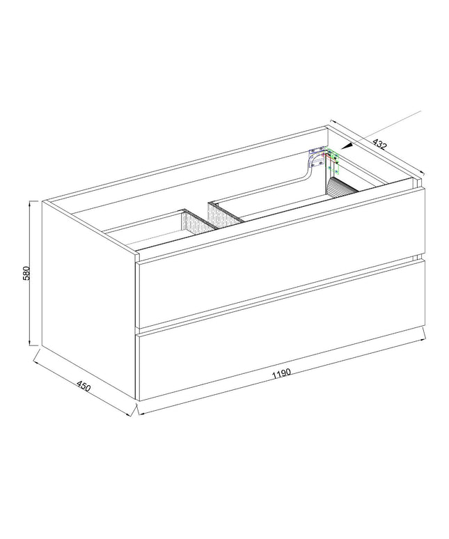 Wiesbaden Marmaris onderkast 120 x 45 cm mat zwart met 1 uitsparing - technische tekening | Schwertz & Co