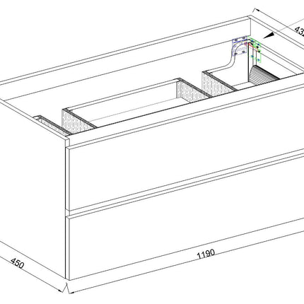 Wiesbaden Marmaris onderkast 120 x 45 cm mat zwart met 2 uitsparingen - technische tekening | Schwertz & Co