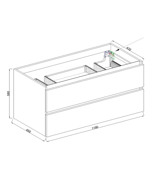 Wiesbaden Marmaris onderkast 120 x 45 cm mat zwart met 2 uitsparingen - technische tekening | Schwertz & Co