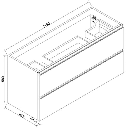 Wiesbaden Lotus onderkast 120 x 45,2 cm naturel eik mat zwart - technische tekening | Schwertz & Co