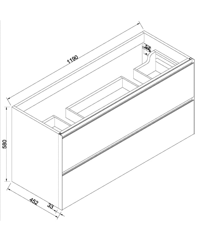 Wiesbaden Lotus onderkast 120 x 45,2 cm naturel eik mat zwart - technische tekening | Schwertz & Co