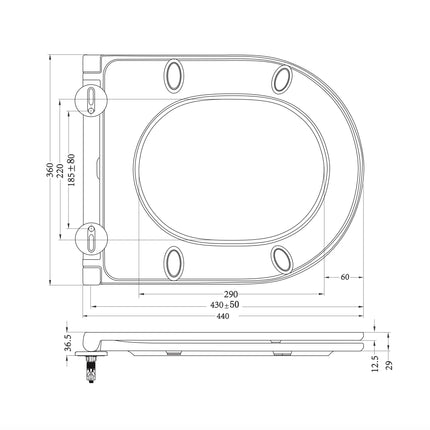 Wiesbaden Flatline toiletzitting softclose mat zwart - technische tekening | Schwertz & Co