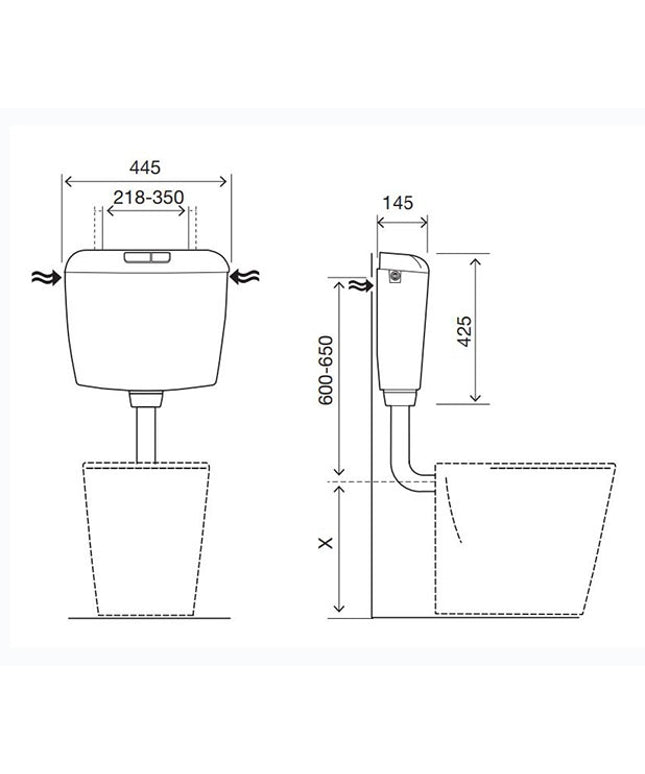 Xellanz laaghangend toiletreservoir kunststof wit - technische tekening | Schwertz & Co