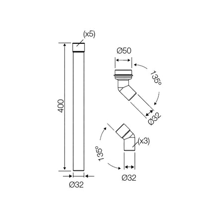 Xellanz modulaire valpijp hooghangend reservoir 32/50 mm - technische tekening | Schwertz & Co