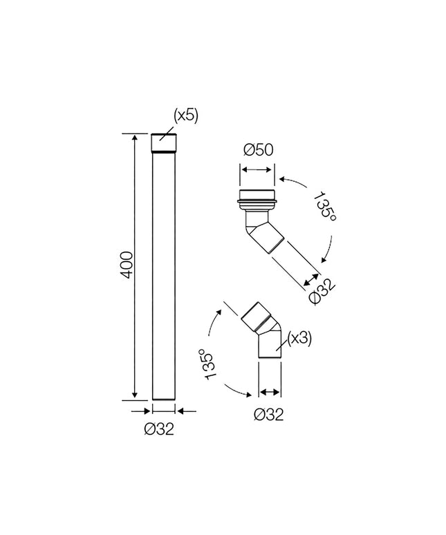 Xellanz modulaire valpijp hooghangend reservoir 32/50 mm - technische tekening | Schwertz & Co
