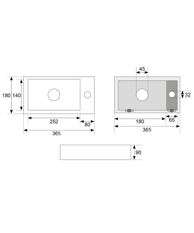Wiesbaden Rhea S mini fontein rechts quartz - technische tekening | Schwertz & Co