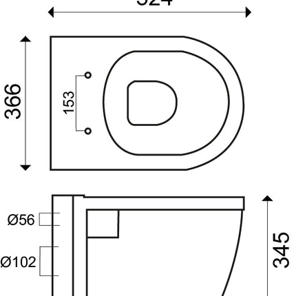 Wiesbaden Prio wandcloset rimless glans wit - technische tekening | Schwertz & Co