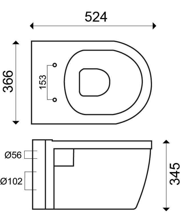 Wiesbaden Prio wandcloset rimless glans wit - technische tekening | Schwertz & Co