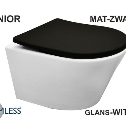 Wiesbaden Vesta Junior wandcloset rimless verkort glans wit met Shade slim zitting mat zwart | Schwertz & Co