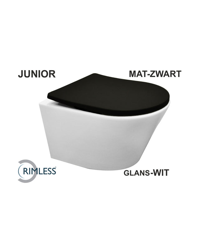 Wiesbaden Vesta Junior wandcloset rimless verkort glans wit met Shade slim zitting mat zwart | Schwertz & Co