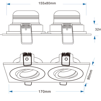 Wiesbaden Spotz inbouwspot dubbel dimbaar IP65 mat wit - technische tekening | Schwertz & Co