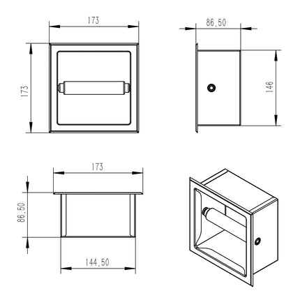 Xellanz Rocko toiletrolhouder inbouw RVS - technische tekening | Schwertz & Co