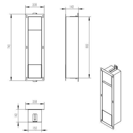 Xellanz Rocko inbouw toiletrolhouder zonder klep gunmetal - technische tekening | Schwertz & Co