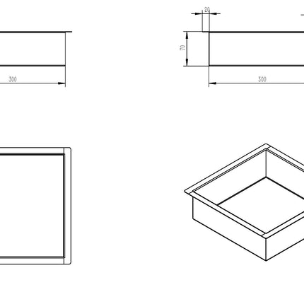 Wiesbaden Demis inbouwnis 30 x 30 x 7 cm geborsteld messing - technische tekening | Schwertz & Co