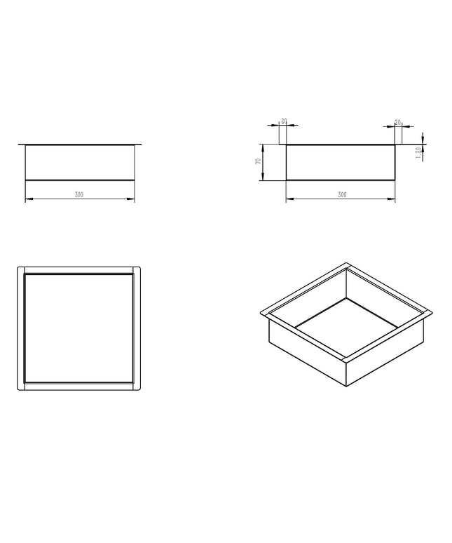 Wiesbaden Demis inbouwnis 30 x 30 x 7 cm geborsteld messing - technische tekening | Schwertz & Co