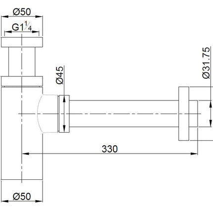 Wiesbaden UniMatch wastafelsifon mat zwart - technische tekening | Schwertz & Co