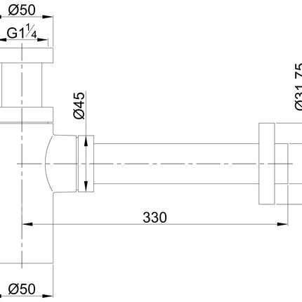 Wiesbaden UniMatch wastafelsifon 32 mm geborsteld brons koper - technische tekening | Schwertz & Co