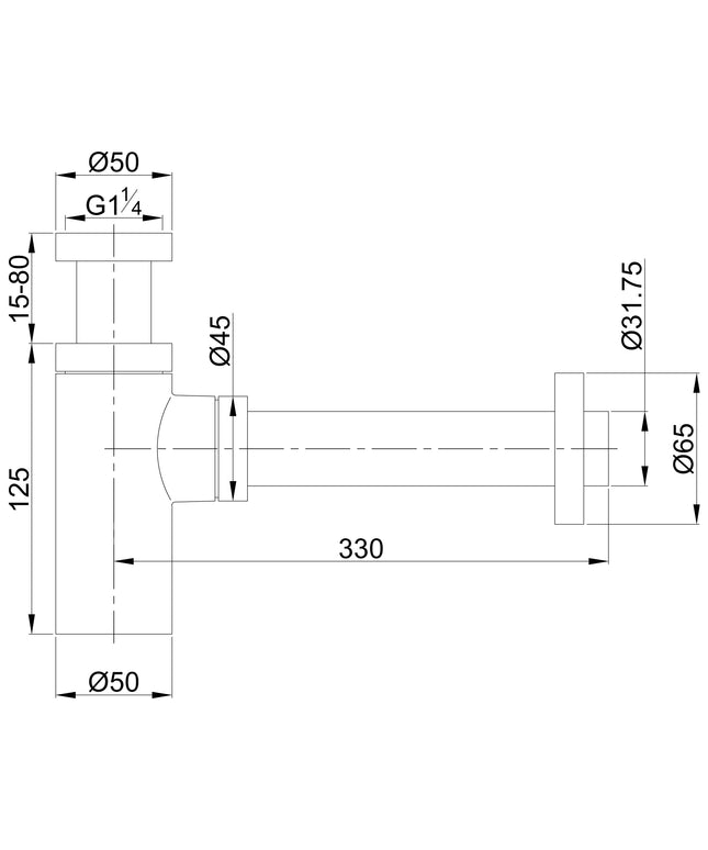 Wiesbaden UniMatch wastafelsifon 32 mm geborsteld brons koper - technische tekening | Schwertz & Co