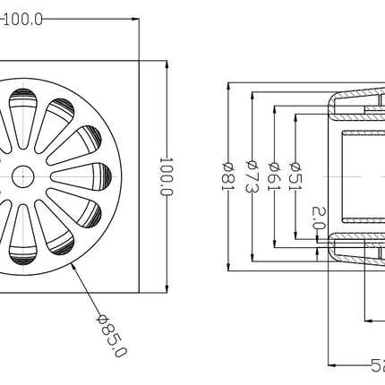 Riko doucheput met onderuitlaat 10 x 10 cm chroom - technische tekening | Schwertz & Co