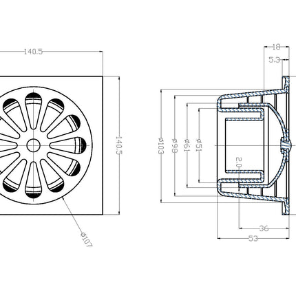 Riko doucheput met onderuitlaat 14 x 14 cm chroom - technische tekening | Schwertz & Co