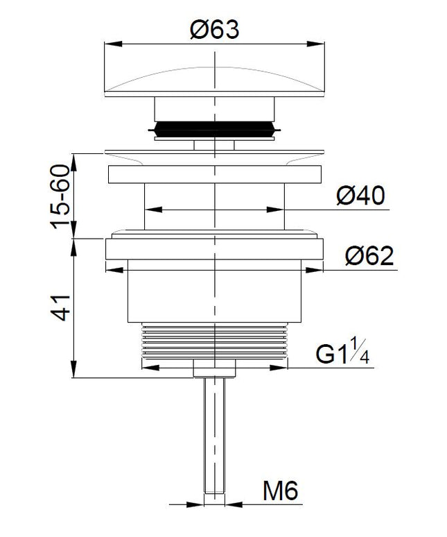 Wiesbaden UniMatch clickwaste afvoerplug 5/4 inch laag chroom - technische tekening | Schwertz & Co