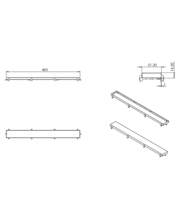 Wiesbaden tegelrooster douchegoot 50 x 7 cm RVS - technische tekening | Schwertz & Co