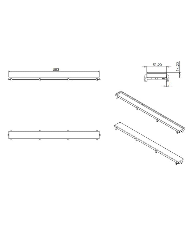 Wiesbaden tegelrooster douchegoot 60 x 7 cm RVS - technische tekening | Schwertz & Co