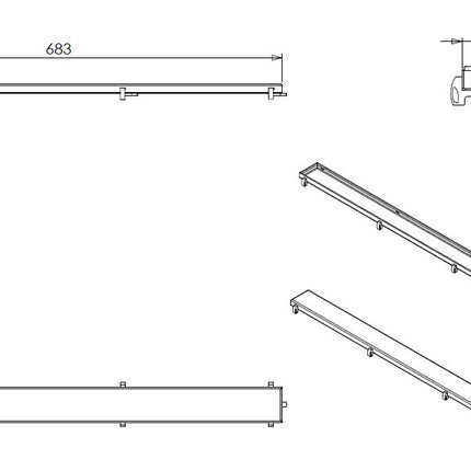 Wiesbaden tegelrooster voor douchegoot 70 x 7 cm RVS - technische tekening | Schwertz & Co