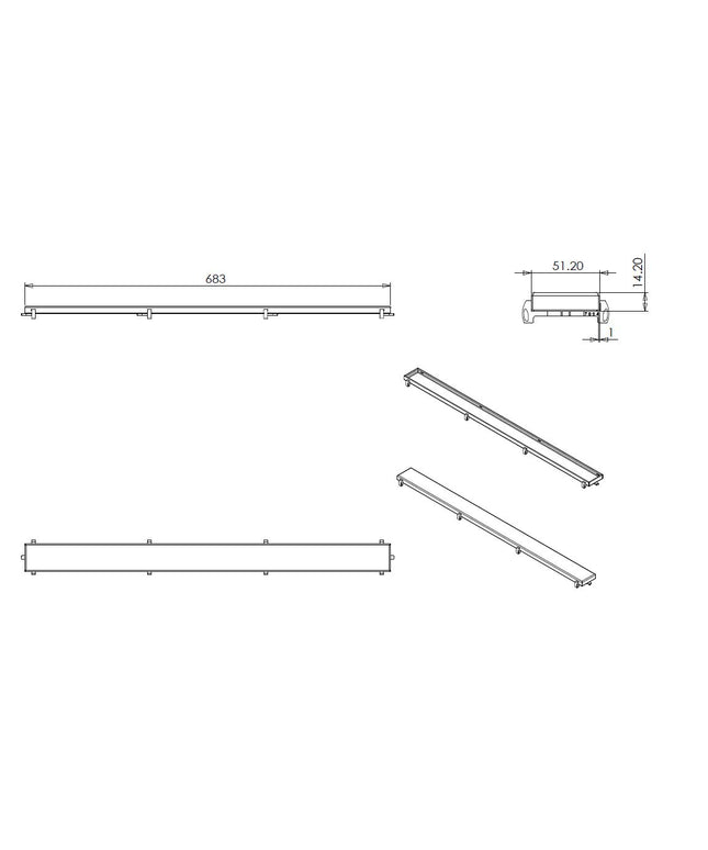 Wiesbaden tegelrooster voor douchegoot 70 x 7 cm RVS - technische tekening | Schwertz & Co