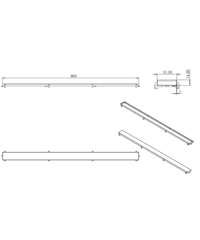 Wiesbaden tegelrooster voor douchegoot 90 x 7 cm RVS - technische tekening | Schwertz & Co