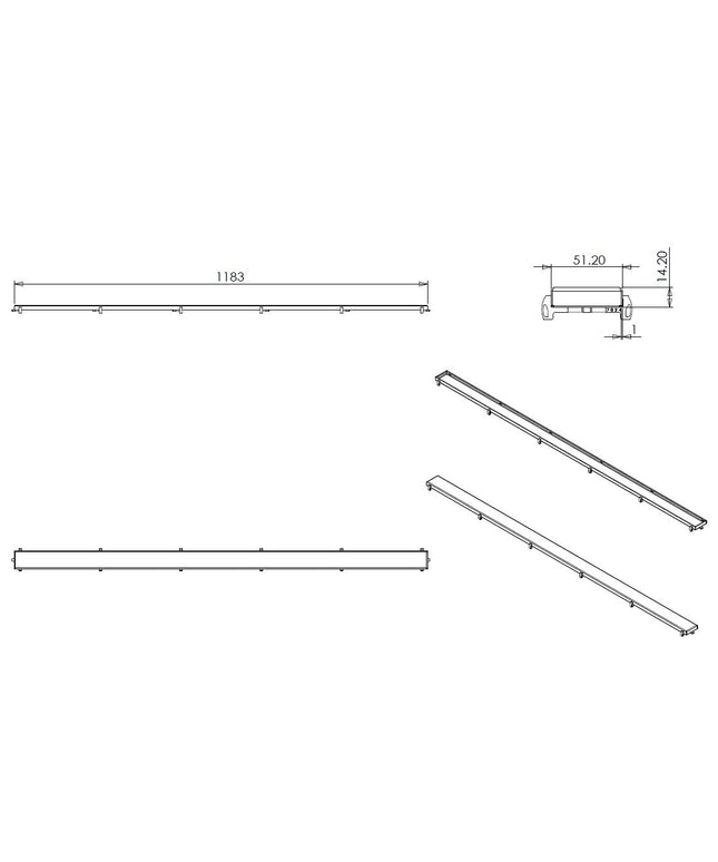 Wiesbaden tegelrooster voor douchegoot 120 x 7 cm RVS - technische tekening | Schwertz & Co