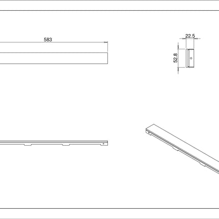 Wiesbaden glasrooster douchegoot 60 x 7 cm glanzend zwart - technische tekening | Schwertz & Co