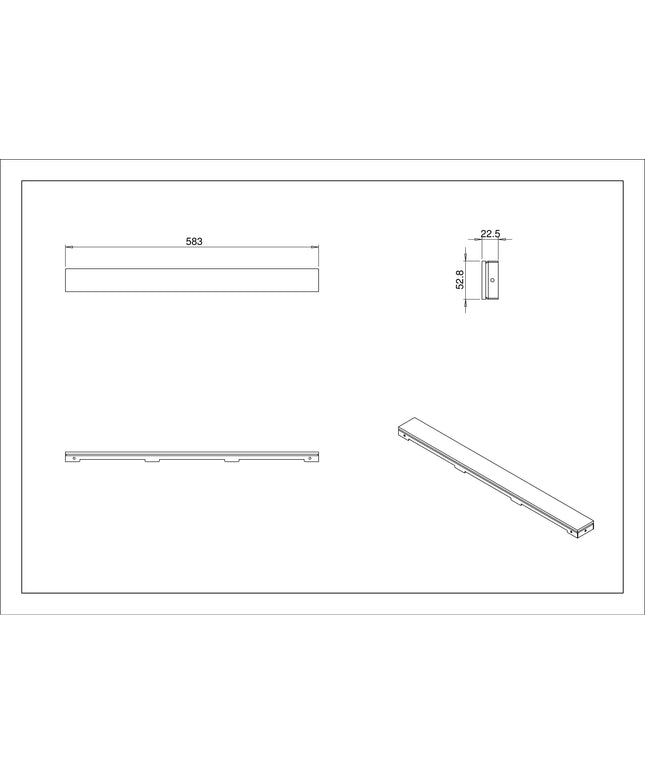 Wiesbaden glasrooster douchegoot 60 x 7 cm glanzend zwart - technische tekening | Schwertz & Co