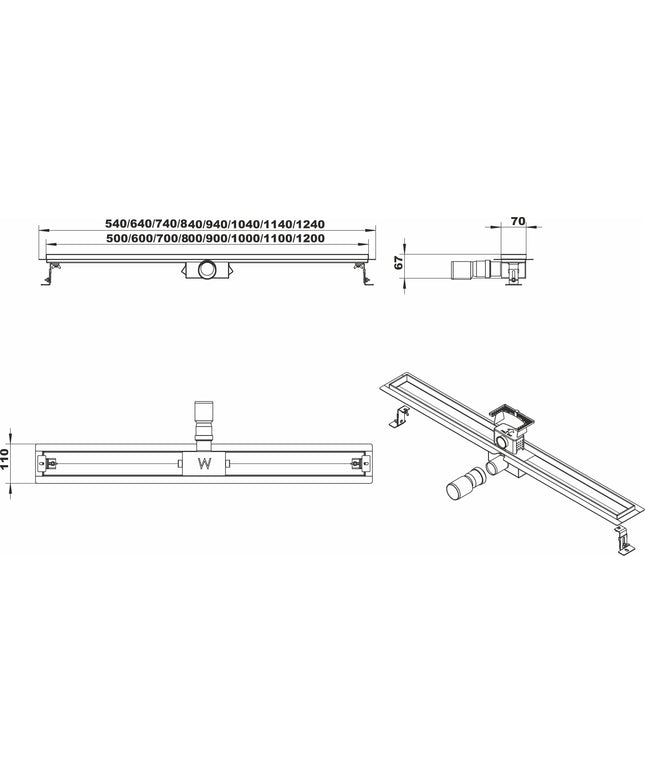 Wiesbaden 3e generatie douchegoot 100 x 7 cm RVS - technische tekening | Schwertz & Co