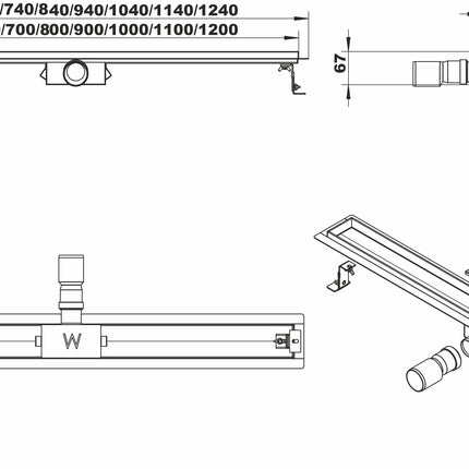 Wiesbaden 3e generatie douchegoot zonder rooster 110 x 7 cm RVS - technische tekening | Schwertz & Co