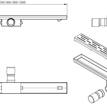 Wiesbaden 3e generatie douchegoot 70 x 7 cm RVS - technische tekening | Schwertz & Co