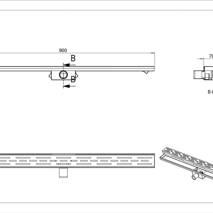 Wiesbaden 3e generatie douchegoot met rooster 90 x 7 cm RVS - technische tekening | Schwertz & Co