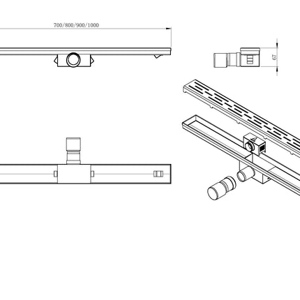 Wiesbaden 3e Generatie douchegoot met rooster 100 x 7 cm RVS - technische tekening | Schwertz & Co