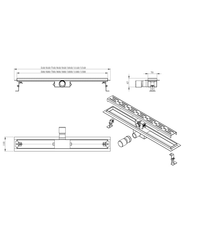 Wiesbaden 3e Generatie douchegoot met flens en rooster 90 x 7 cm RVS - technische tekening | Schwertz & Co
