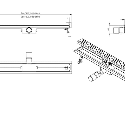 Wiesbaden 3e Generatie douchegoot met muurflens en rooster 70 x 7 cm RVS - technische tekening | Schwertz & Co