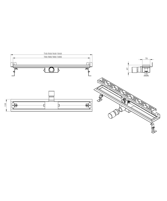 Wiesbaden 3e Generatie douchegoot met muurflens en rooster 70 x 7 cm RVS - technische tekening | Schwertz & Co