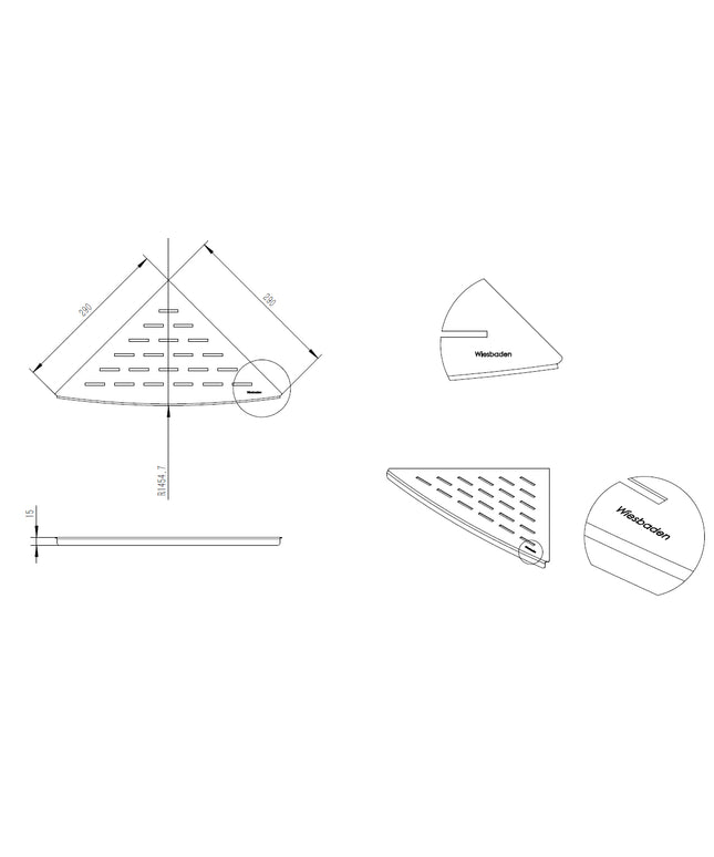 Wiesbaden InWall étagère d'angle 29 x 29 cm inox - dessin technique | Schwertz & Co