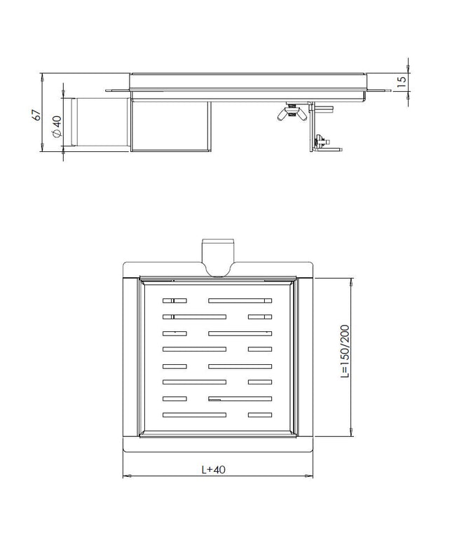 Wiesbaden 3e generatie doucheput met zijuitlaat 15 x 15 cm RVS - technische tekening | Schwertz & Co