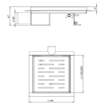 Wiesbaden 3e Generatie doucheput met flens en zijuitlaat 20 x 20 cm RVS - technische tekening | Schwertz & Co