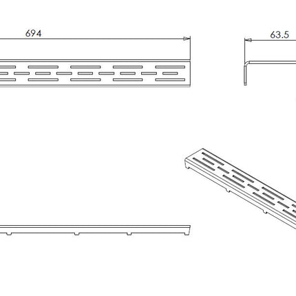 Wiesbaden standaardrooster douchegoot 70 x 7 cm RVS - technische tekening | Schwertz & Co