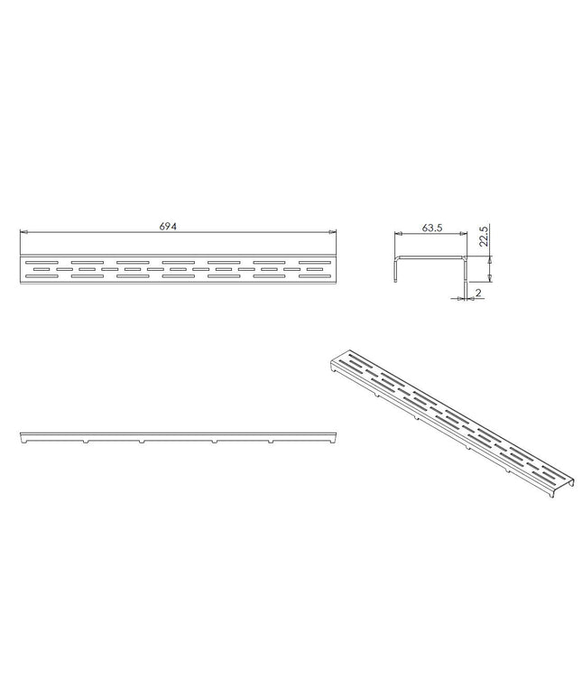 Wiesbaden standaardrooster douchegoot 70 x 7 cm RVS - technische tekening | Schwertz & Co