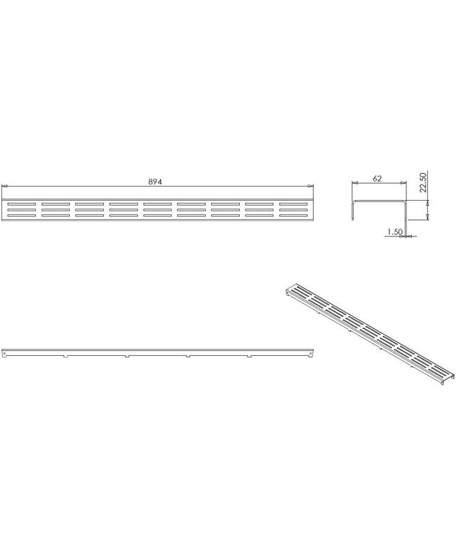 Wiesbaden rooster type 1 voor douchegoot 90 x 7 cm RVS - technische tekening | Schwertz & Co